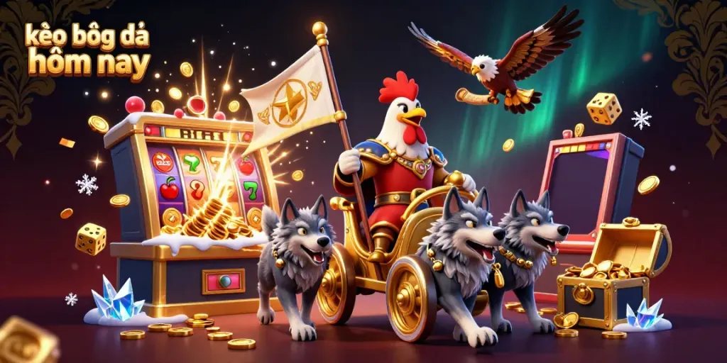 Bet on kèo bóng đá hôm nay with a dynamic casino illustration featuring a rooster warlord in 3D.