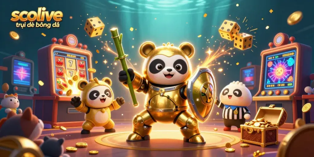 Socolive trực tiếp bóng đá illustrated as a colorful 3D scene with a panda in mech-suit and slot machines.