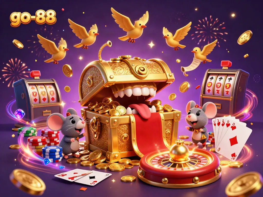 Experience the excitement of go-88, featuring treasure chests, coins, and a vibrant casino atmosphere.