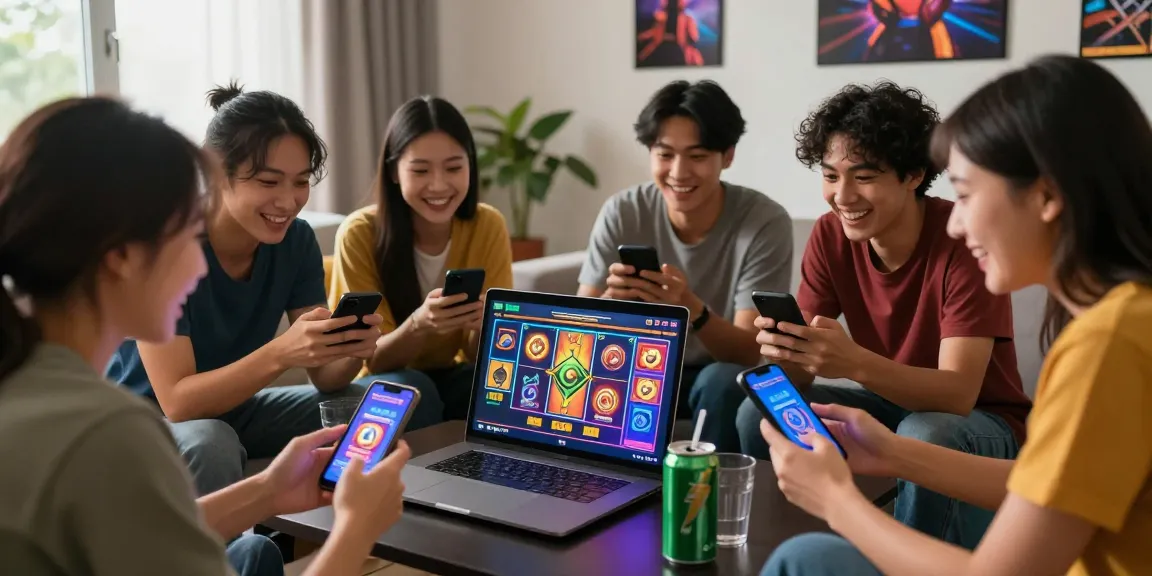 Excited group enjoying situs slot deposit 10 ribu gaming session together.