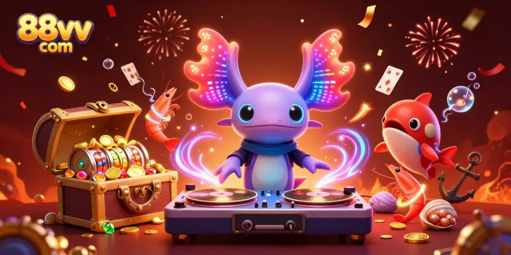 Experience the excitement of 88vv com with a vibrant underwater casino scene featuring an axolotl DJ and dynamic game elements.