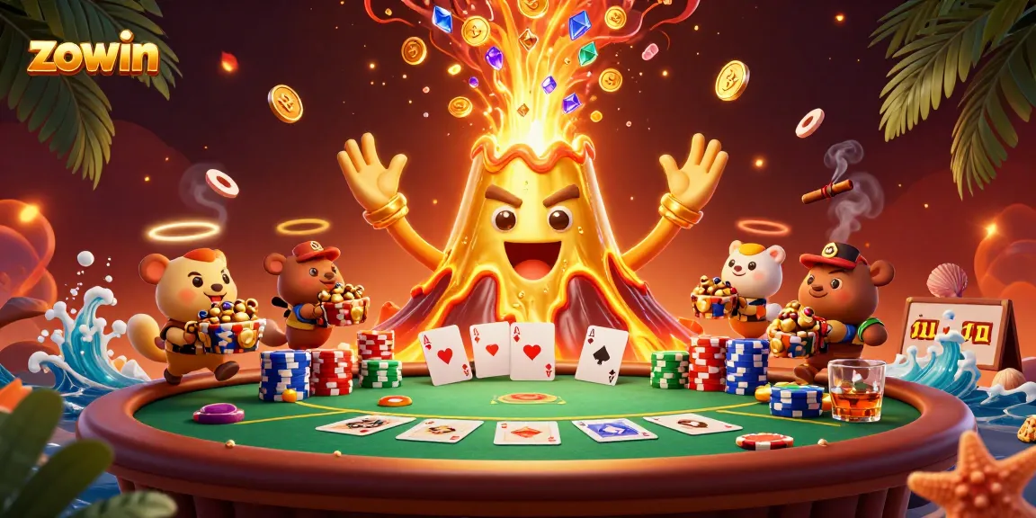 Engage with Zowin's dynamic poker scene featuring a volcano erupting with treasure.
