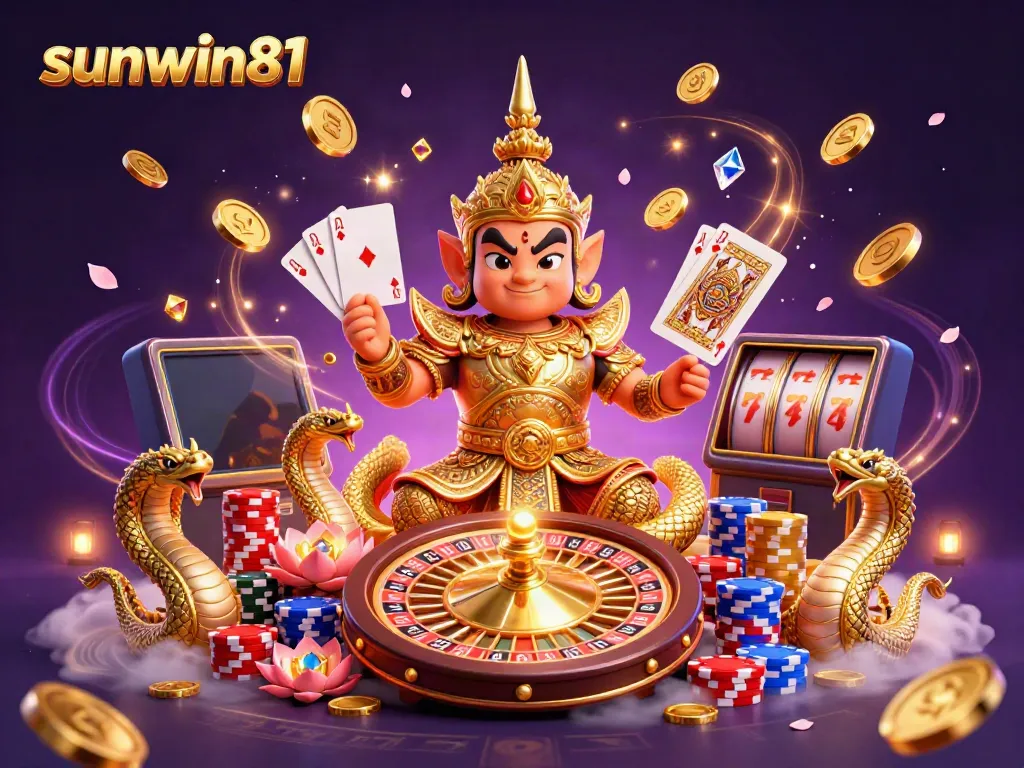 Experience thrilling gameplay at sunwin81 with a vibrant casino scene featuring characters, coins, and cards.
