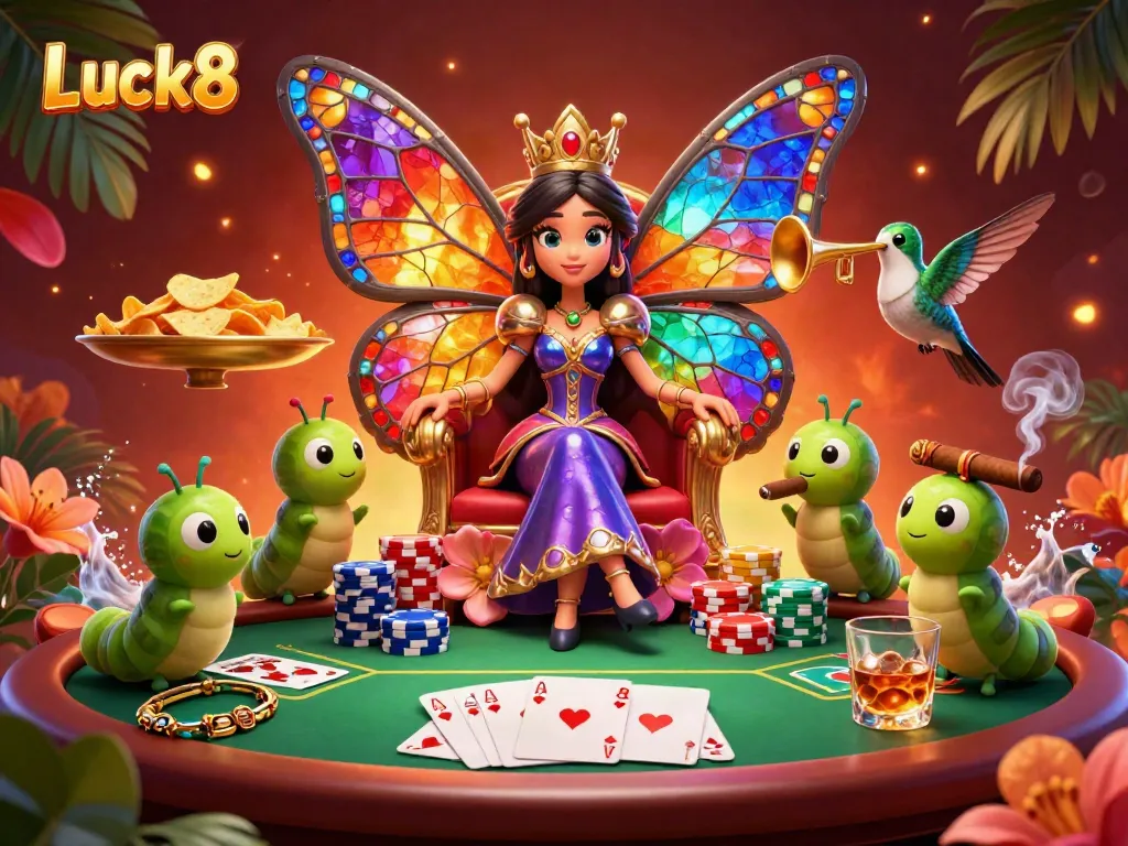 Experience the vibrant Luck8 casino atmosphere with a colorful butterfly queen and poker elements.