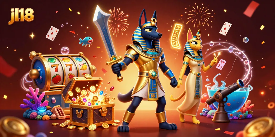 Play the thrilling slots at jl18 with Anubis and Bastet in an immersive casino scene.