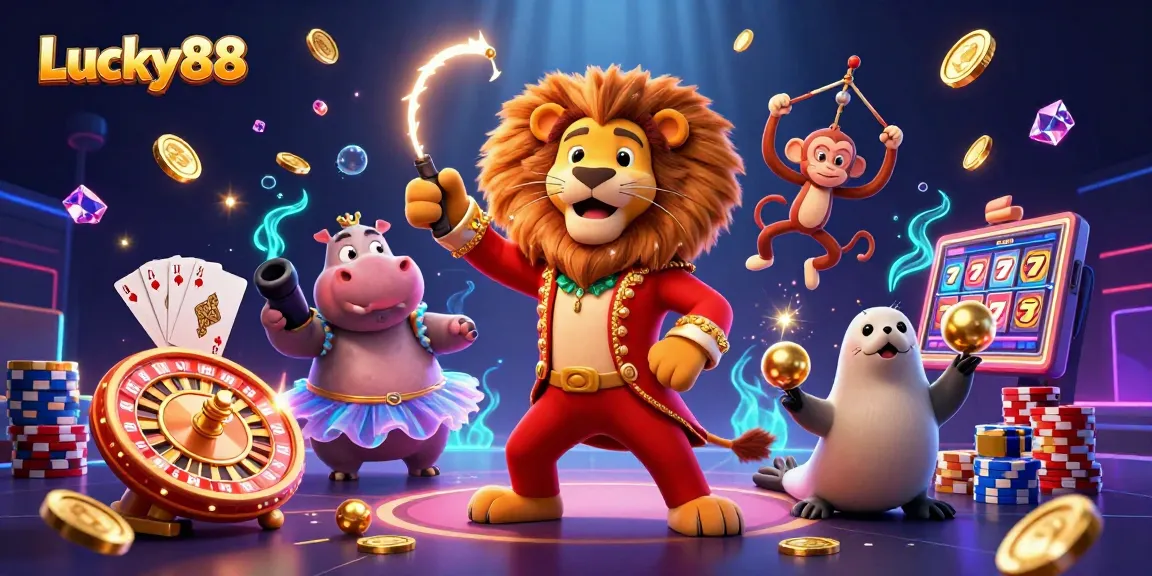 Spin the Lucky88 reels while enjoying a lively casino scene filled with colorful characters.