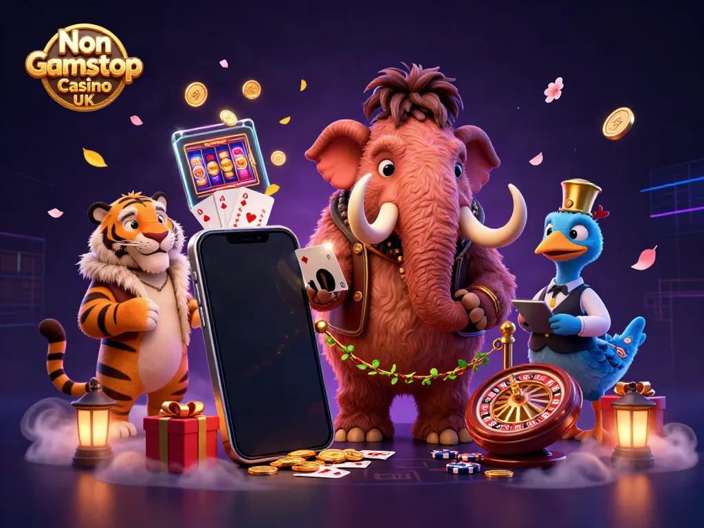 Experience the thrill of Non Gamstop Casino UK with a vibrant illustration of a woolly mammoth doorman, saber-tooth VIP, and dynamic casino elements.