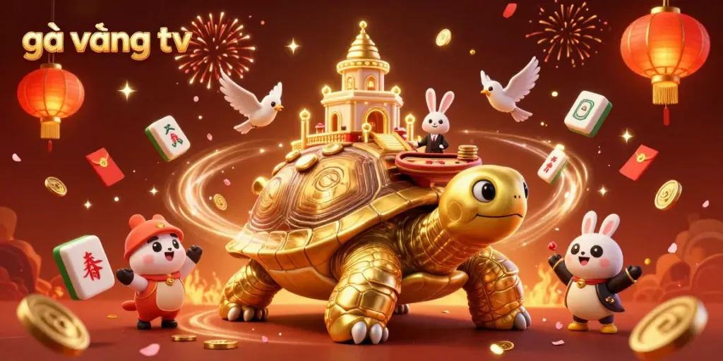 Join the exciting gameplay of gà vàng tv at a vibrant casino scene featuring a golden tortoise and rabbit dealer.