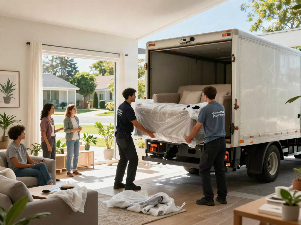Furniture removals in action, professional movers wrapping a sofa in a bright living room for a stress-free move.