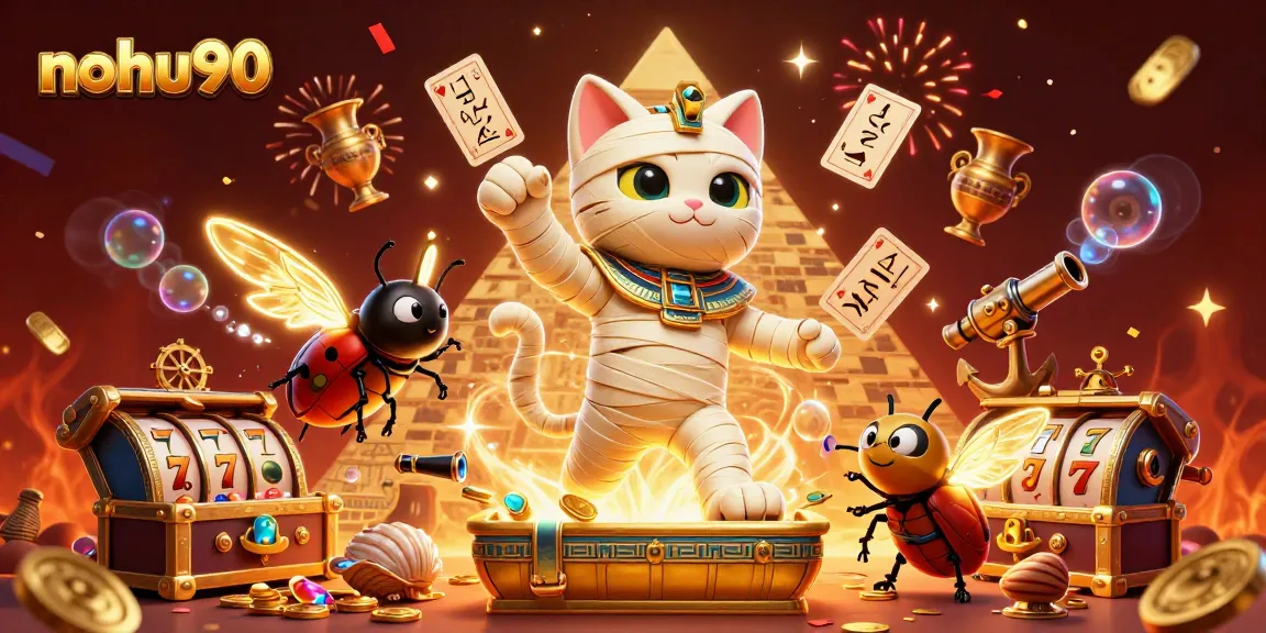 Nohu90's exciting 3D scene showcases a vibrant mummy cat, showcasing slots, treasure, and casino elements