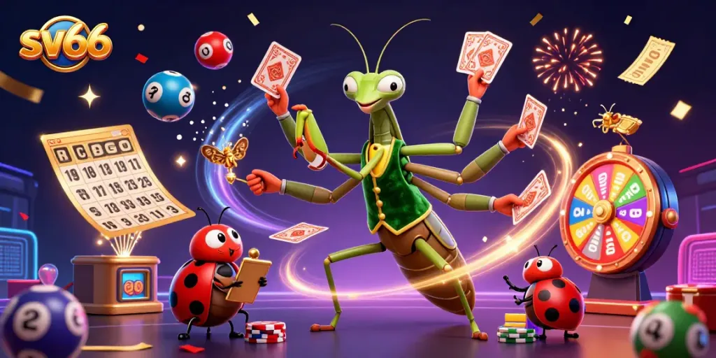Experience sv66’s vibrant casino scene with a giant mantis card sharp and lively game elements.