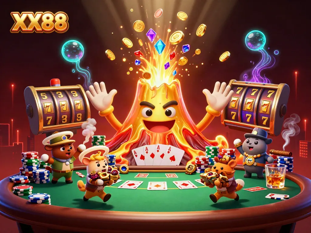 Unleash your winnings with XX88, featuring vibrant 3D cartoon characters in a dynamic casino scene.