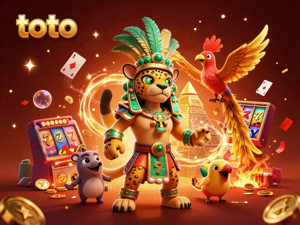 Engage with the thrilling toto casino experience in an ultra-detailed vibrant scene of Mayan characters celebrating with slot reels.