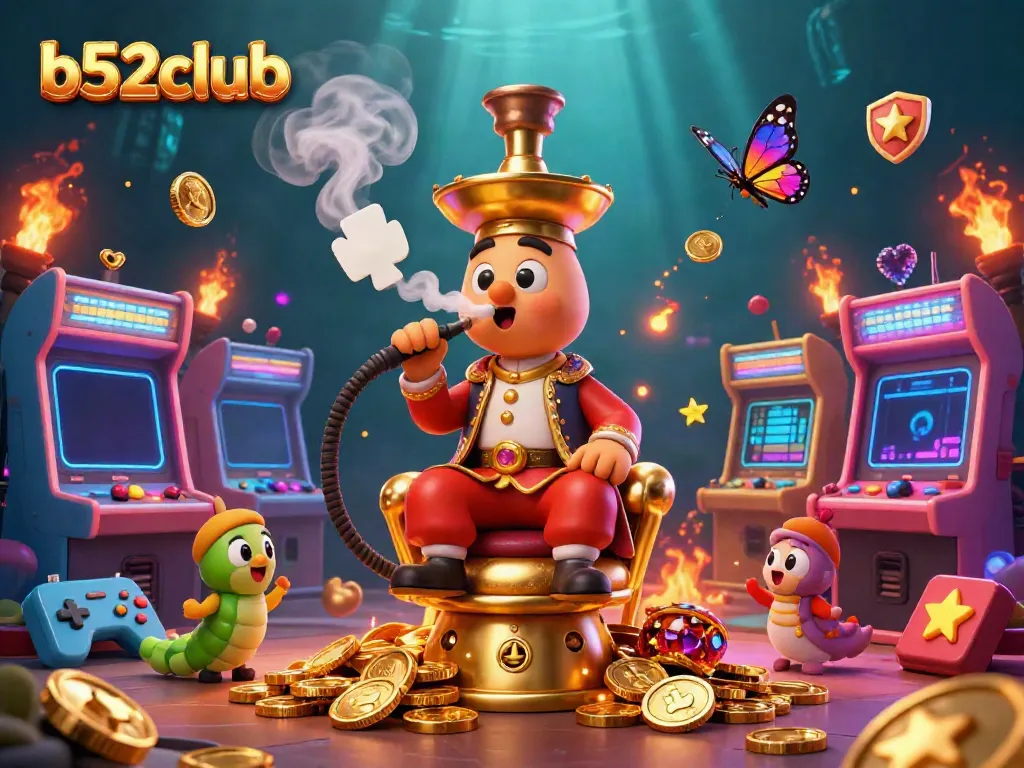 Bets and winnings await at b52club with a dynamic illustration showcasing a caterpillar hookah-master in a vibrant casino scene.