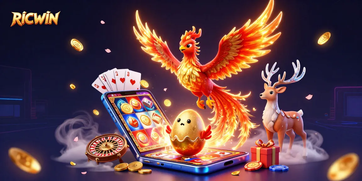Experience the magical world of RICWIN with a vibrant fire phoenix soaring above dynamic casino elements.
