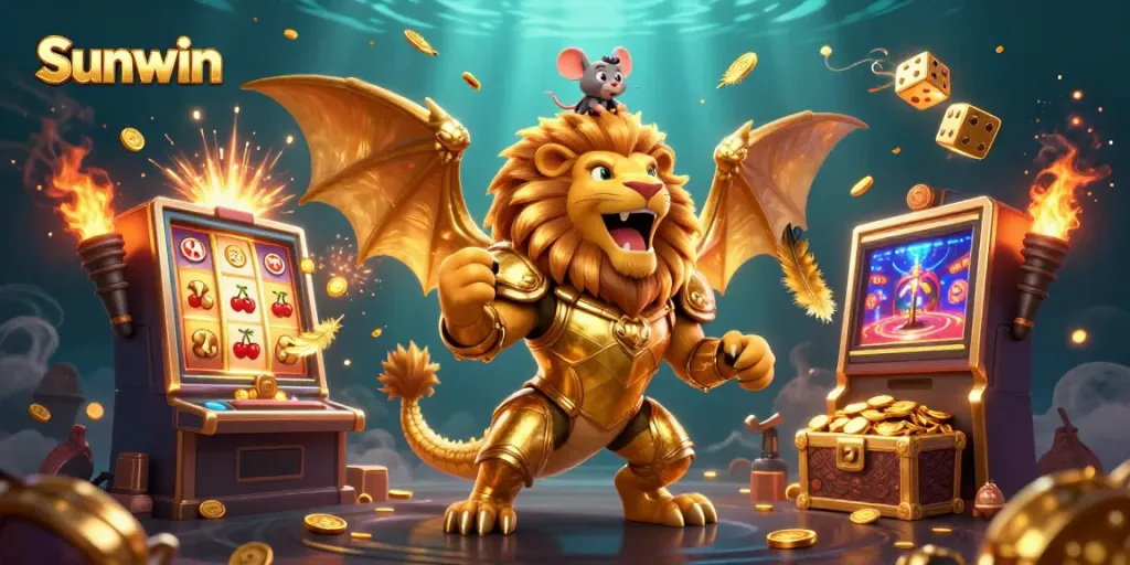 Experience thrilling gameplay with Sunwin's enchanting casino scene featuring golden chimera and dynamic slots.
