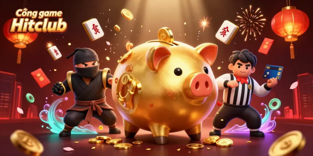 Experience the excitement of Cổng game Hitclub with a dynamic 3D casino scene featuring unique characters.
