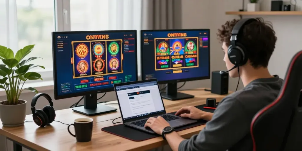 Player immersed in online credit card casinos, enjoying gaming in a stylish home office with engaging visuals.