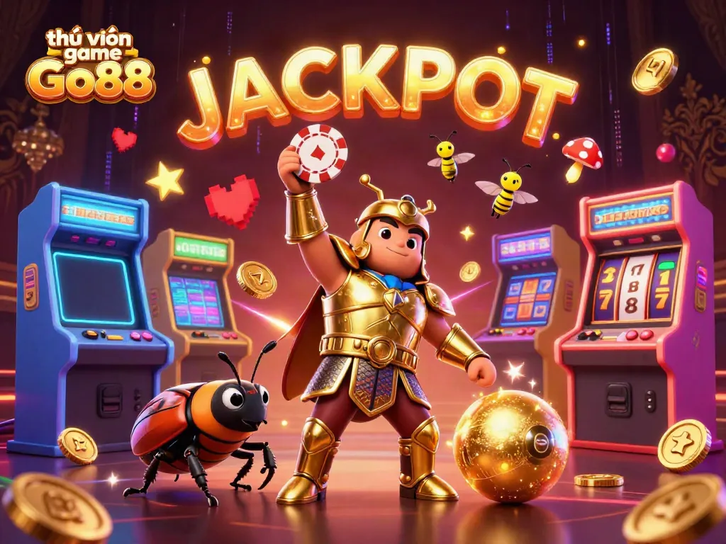 Engage in thrilling fun at thư viện game Go88 with colorful 3D gaming elements and characters celebrating a jackpot.