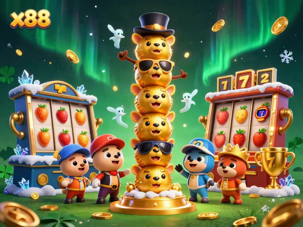 x88 showcases a vibrant 3D totem pole and slot machine icons for dynamic gambling fun.