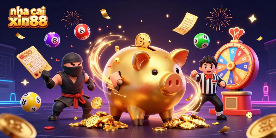 Engage with nha cai xin88's thrilling gaming atmosphere, where a sumo piggy bank battles amidst a rain of golden coins and vibrant prizes.