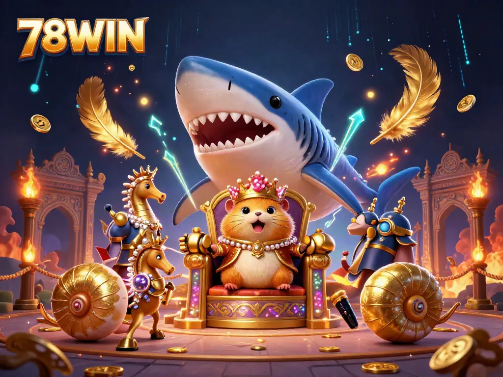 Experience the thrilling world of 78WIN with a golden hamster king, seahorse guards, and rich casino elements.