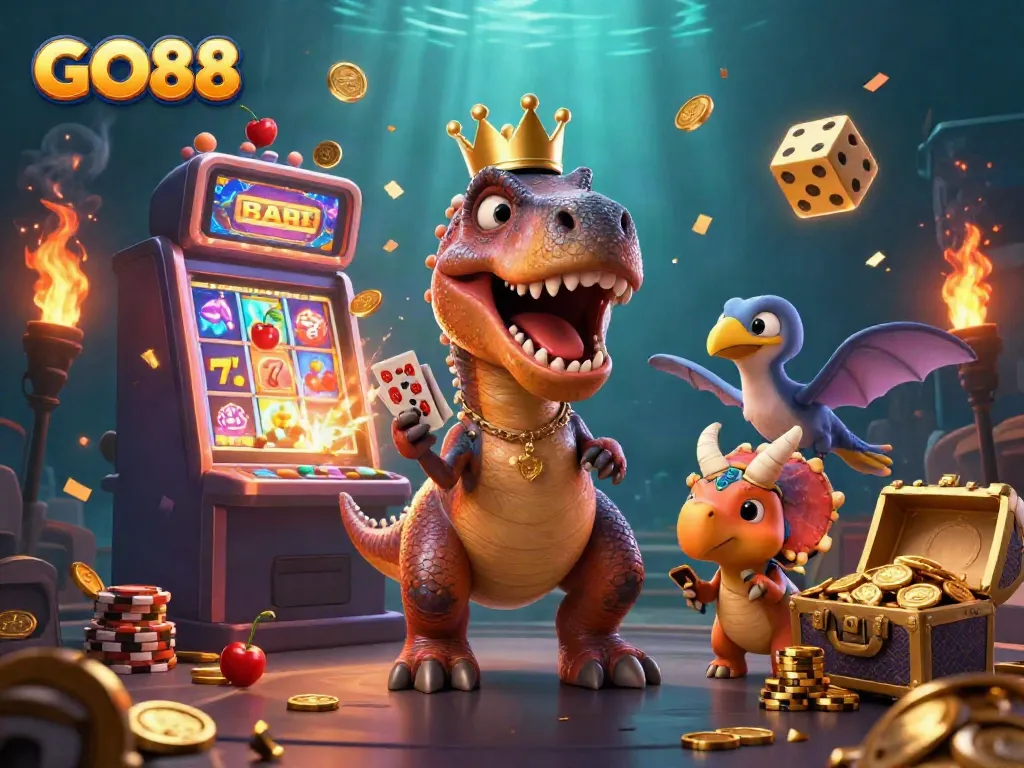 Experience thrilling gameplay and fun at GO88 with friendly characters in a vibrant casino scene.