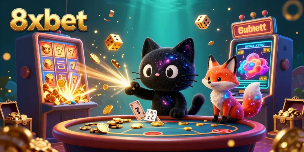 Experience the thrilling world of 8xbet with a cosmic casino scene featuring a black hole cat and a nebula fox, surrounded by a jackpot explosion.