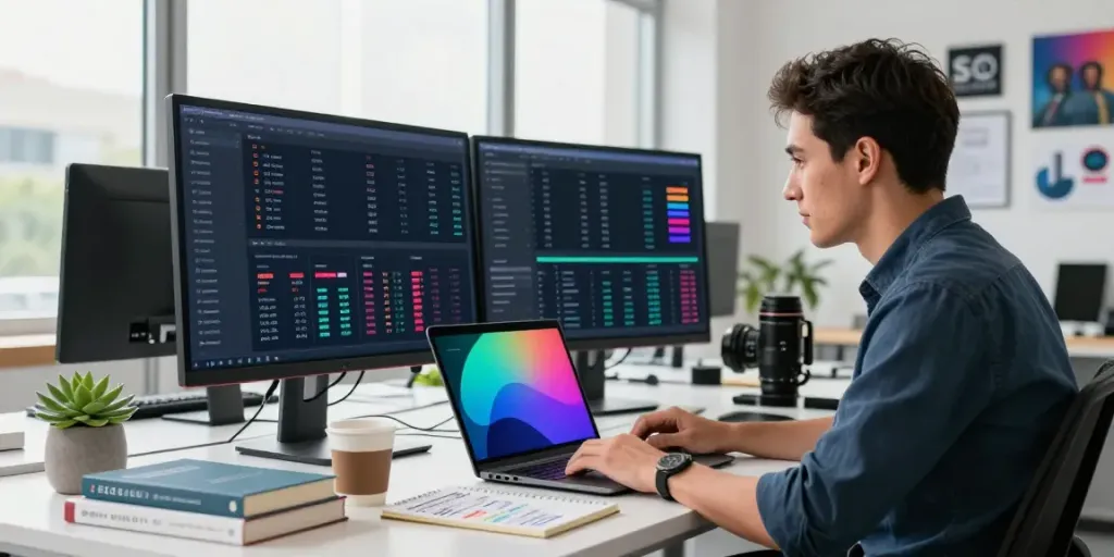 SEO strategist utilizing instant indexing tools in a modern workspace.