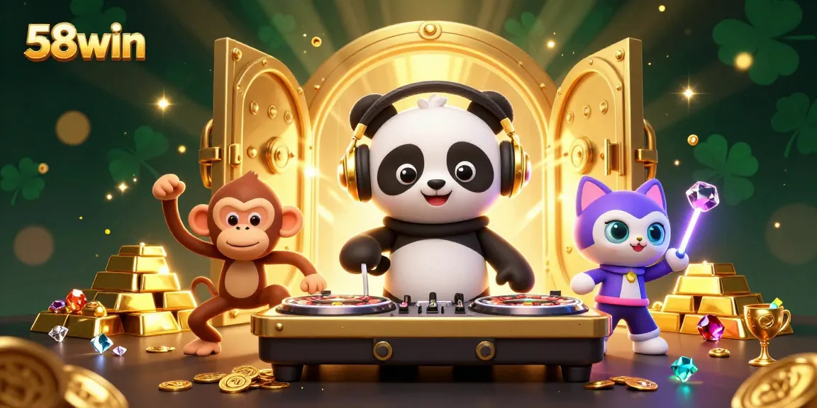 Experience thrilling gaming at 58win with DJ panda, treasure, and vivid casino elements.