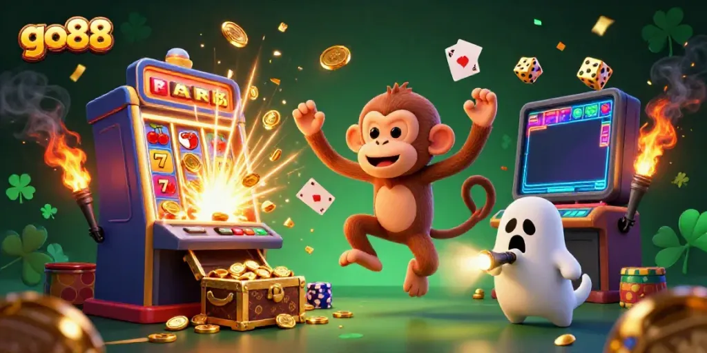 Engaging go88 gaming scene with a mischievous monkey and a curious puppy in a vibrant casino.
