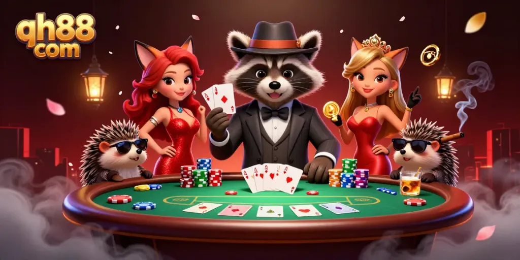 Experience thrilling poker gameplay at qh88 com with a stylish raccoon, charming fox, and bouncer.
