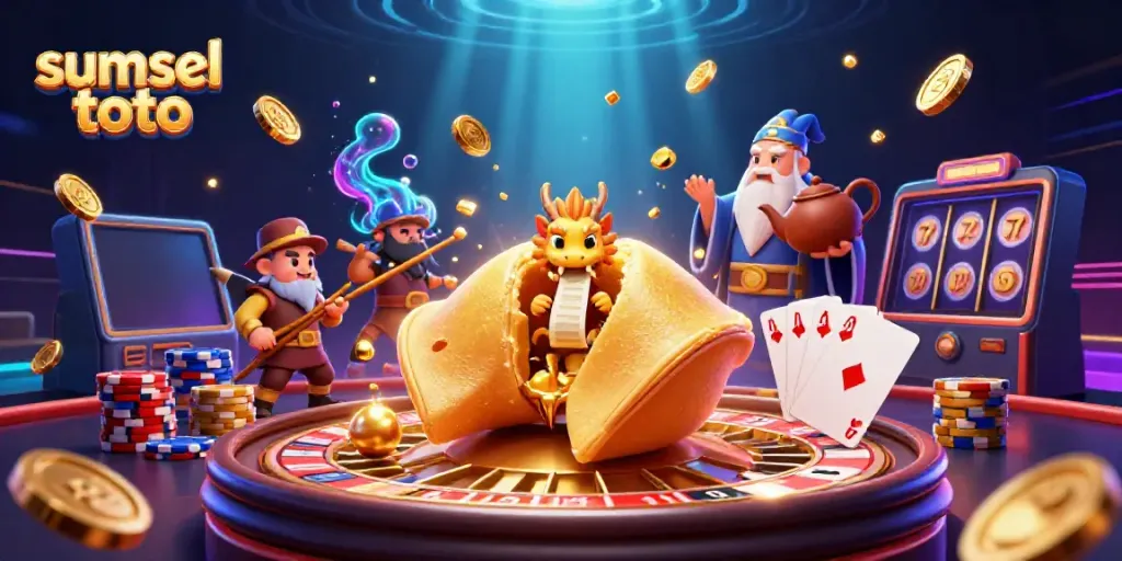 Experience the thrill of sumsel toto with a vibrant 3D casino scene bursting with golden excitement.
