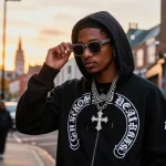 Chrome Hearts hoodie showcased in an urban fashion scene with stylish accessories and graffiti backdrop.