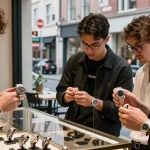 Luxury watch enthusiasts exploring high-quality replica watches in an urban boutique.