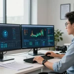 IT professional reviewing cybersecurity software while seeking a cyber essentials quote in a bright office environment.